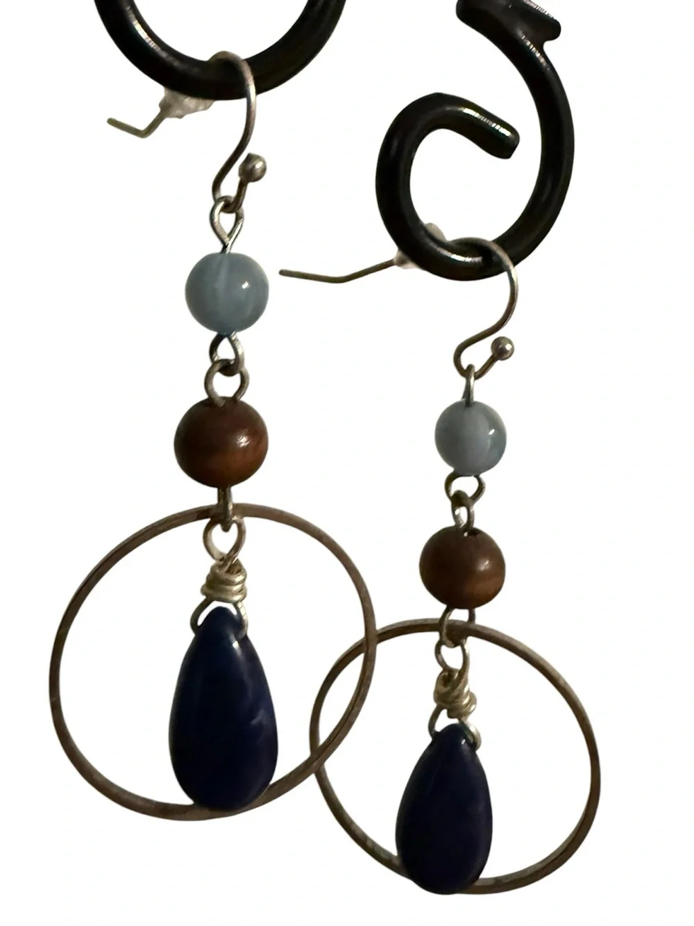 Handcrafted Artisan Blue Teardrop Hoop Earrings with Wood Bead